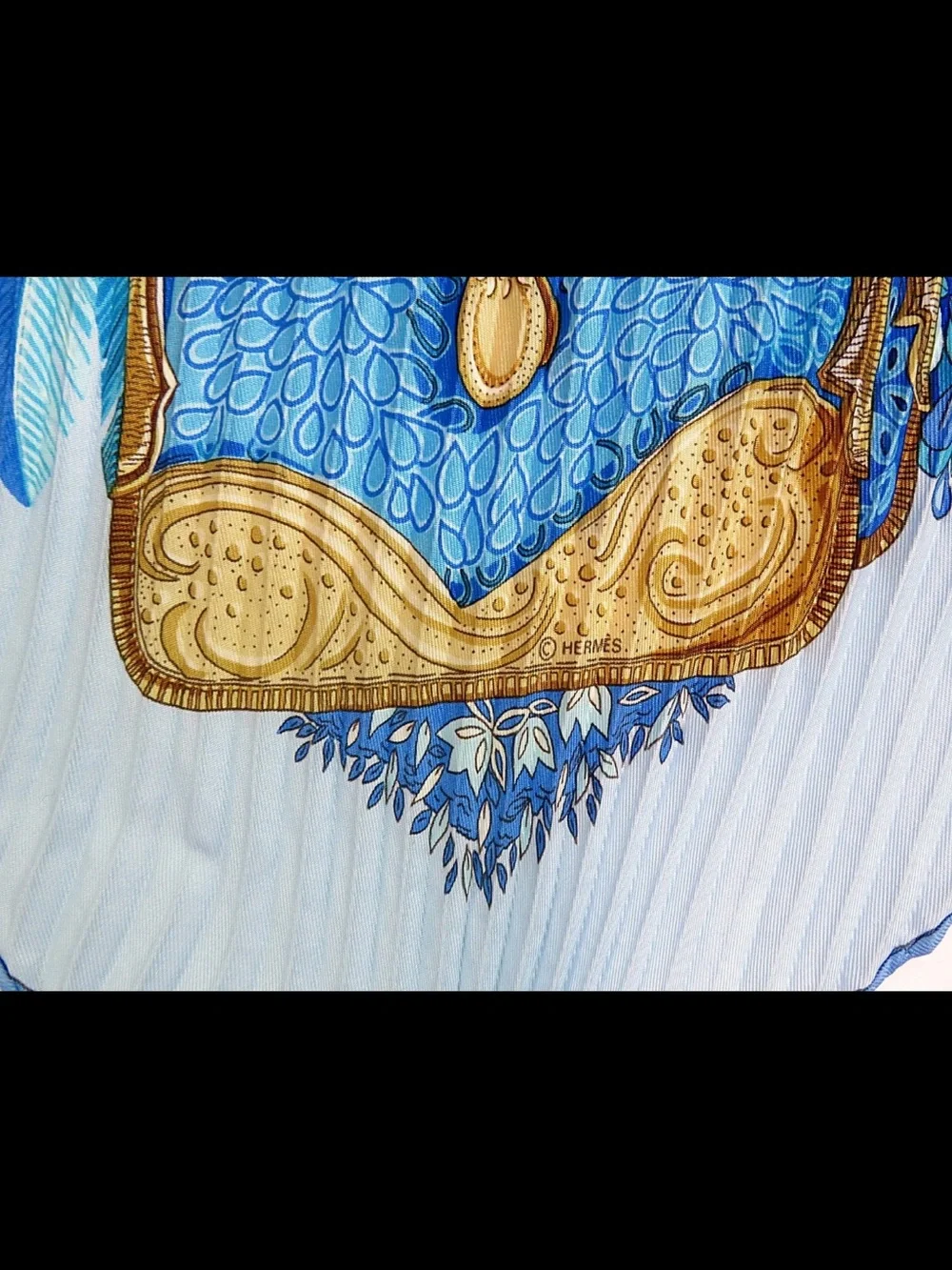 Hermes Light Blue & Gold Pleated Silk Scarf
